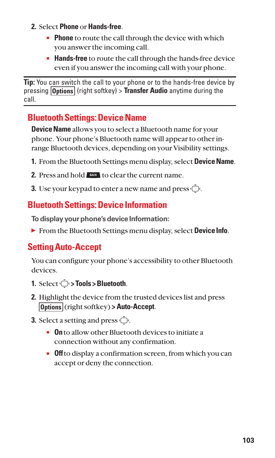 Bluetooth settings: device name, Bluetooth settings: device information, Setting auto-accept | Sanyo S1 User Manual | Page 111 / 131