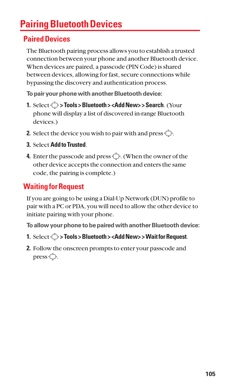 Pairing bluetooth devices, Paired devices, Waiting for request | Sanyo S1 User Manual | Page 113 / 131