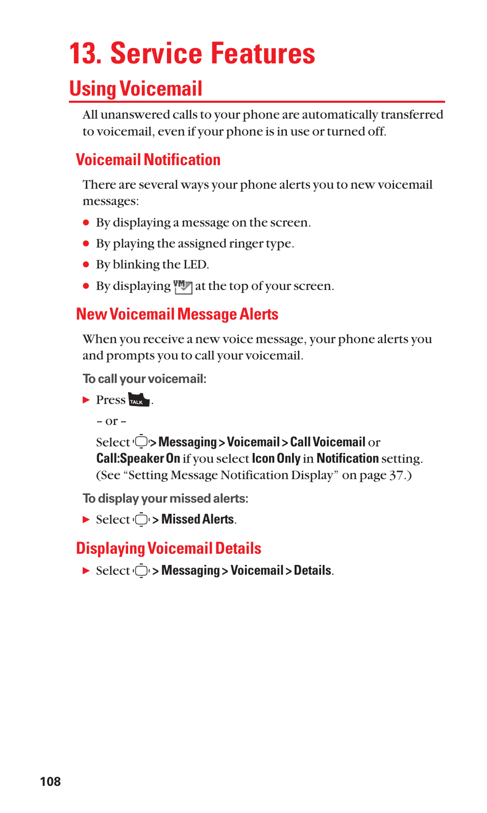 Service features, Using voicemail, Voicemail notification | New voicemail message alerts, Displaying voicemail details | Sanyo S1 User Manual | Page 116 / 131