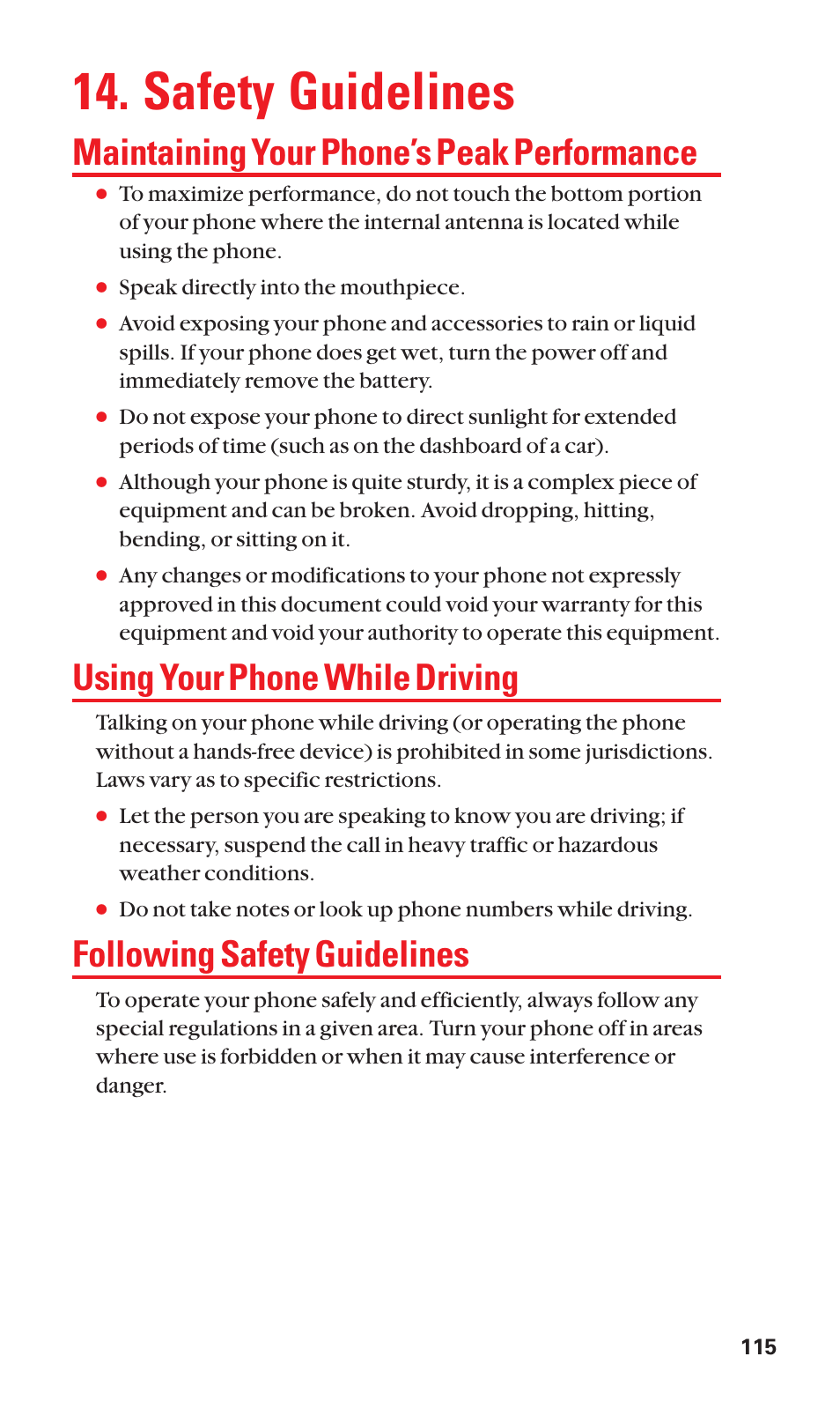 Safety guidelines, Maintaining your phone’s peak performance, Using your phone while driving | Following safety guidelines | Sanyo S1 User Manual | Page 123 / 131