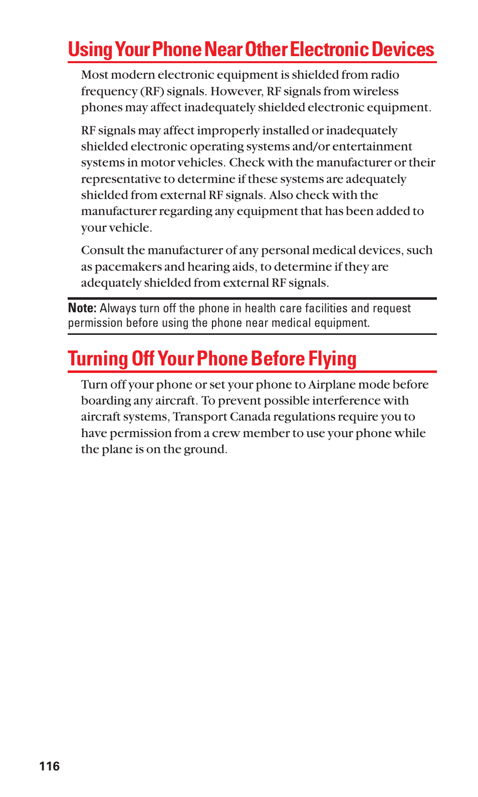Using your phone near other electronic devices, Turning off your phone before flying | Sanyo S1 User Manual | Page 124 / 131