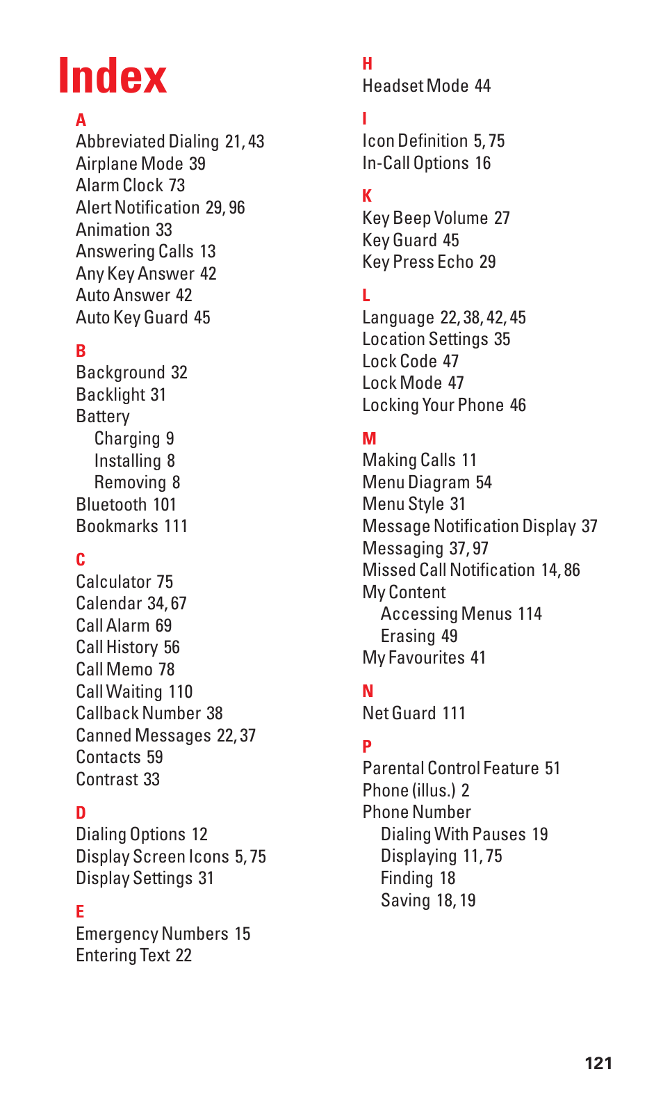 Index | Sanyo S1 User Manual | Page 129 / 131