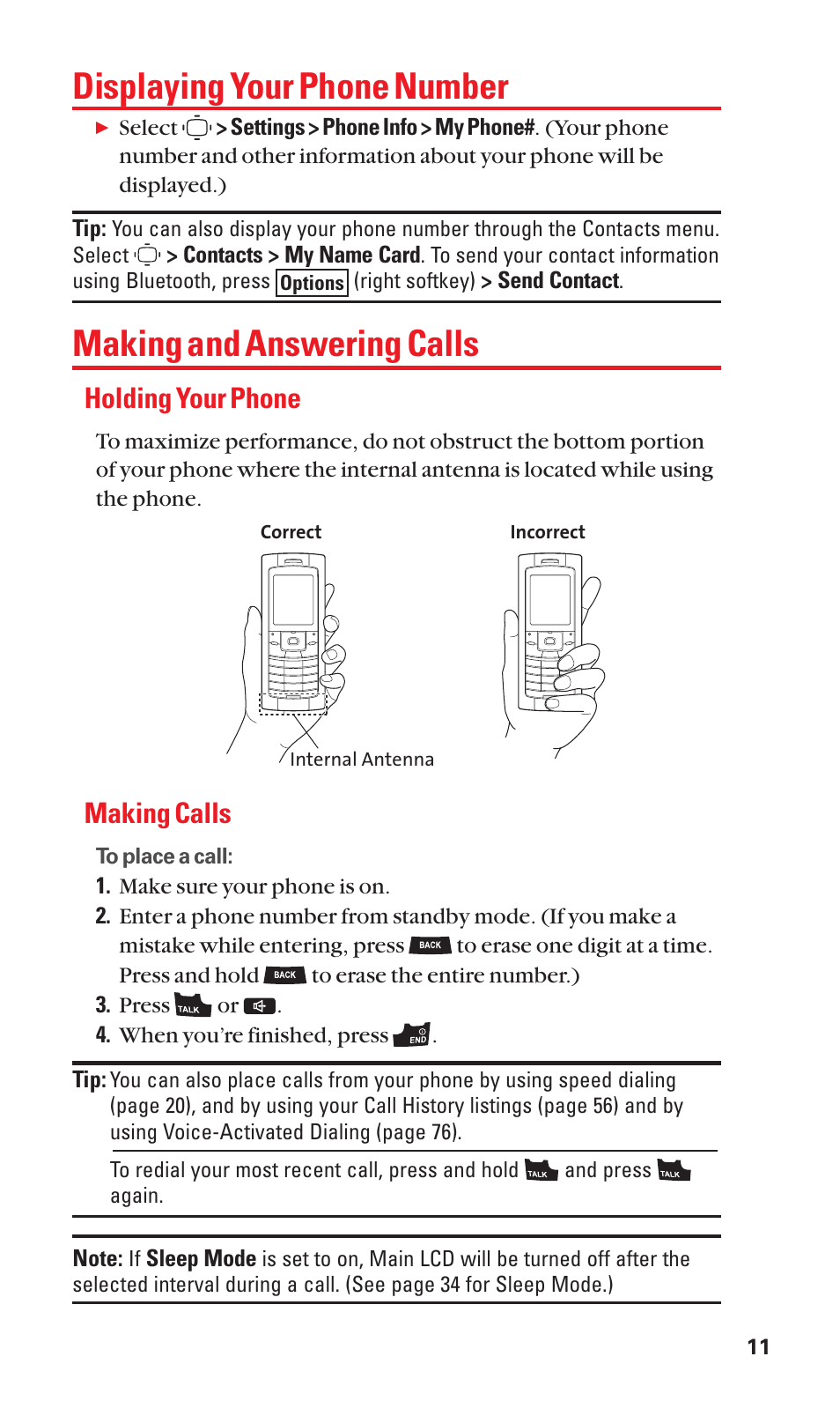 Displaying your phone number, Making and answering calls, Holding your phone | Making calls | Sanyo S1 User Manual | Page 19 / 131