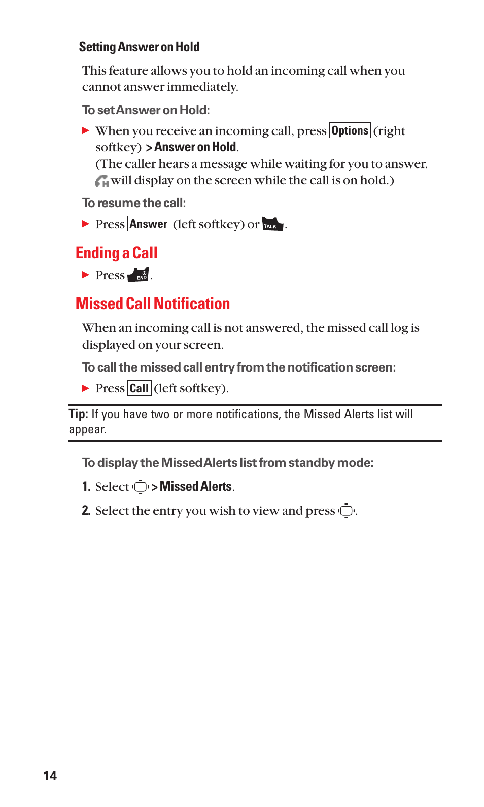 Ending a call, Missed call notification | Sanyo S1 User Manual | Page 22 / 131