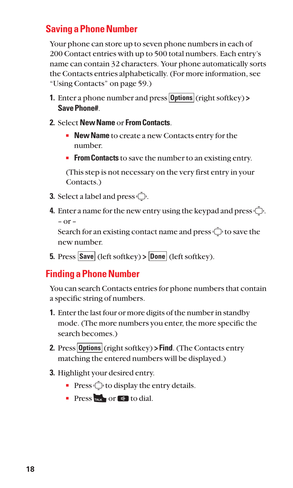 Saving a phone number, Finding a phone number | Sanyo S1 User Manual | Page 26 / 131