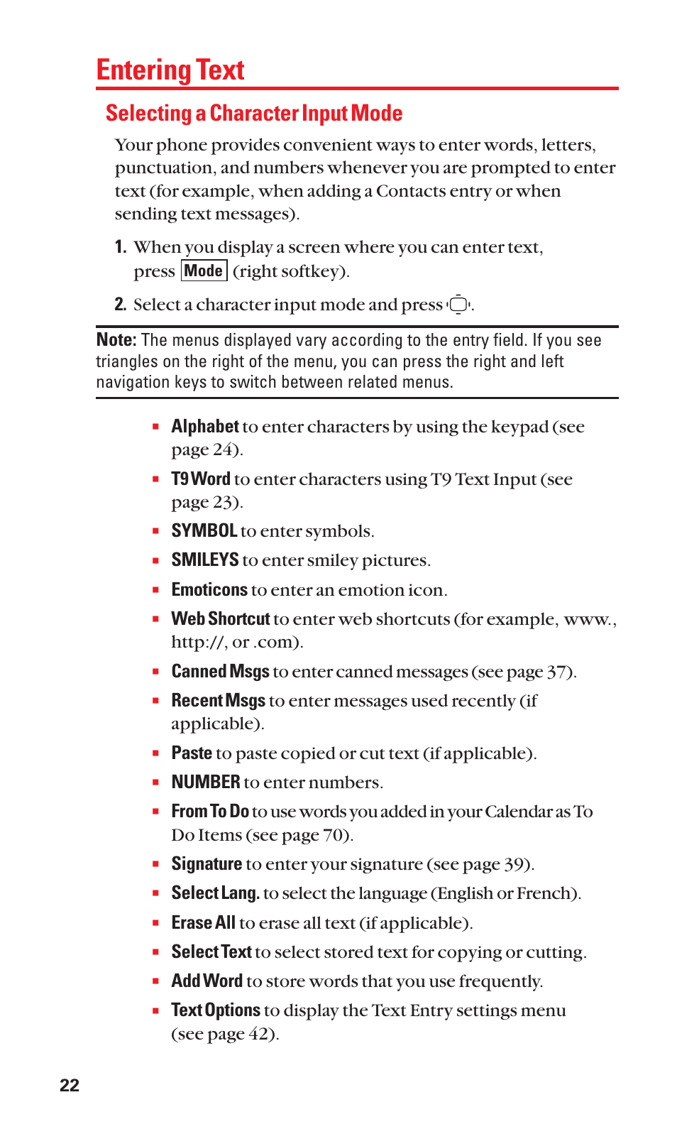 Entering text, Selecting a character input mode | Sanyo S1 User Manual | Page 30 / 131