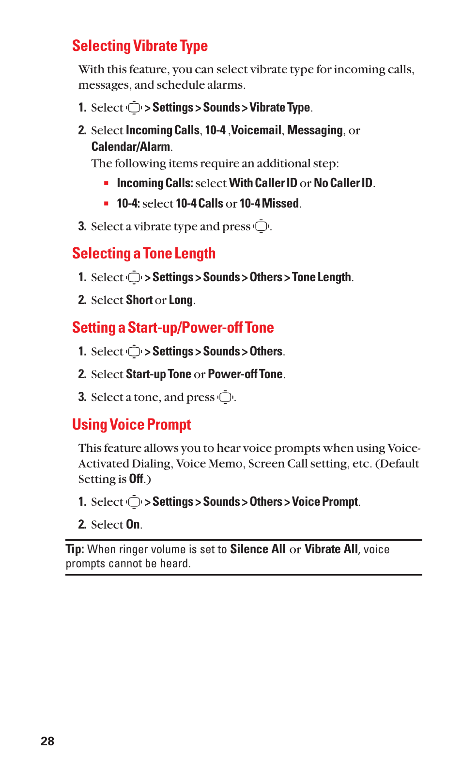 Selecting vibrate type, Selecting a tone length, Setting a start-up/power-off tone | Using voice prompt | Sanyo S1 User Manual | Page 36 / 131