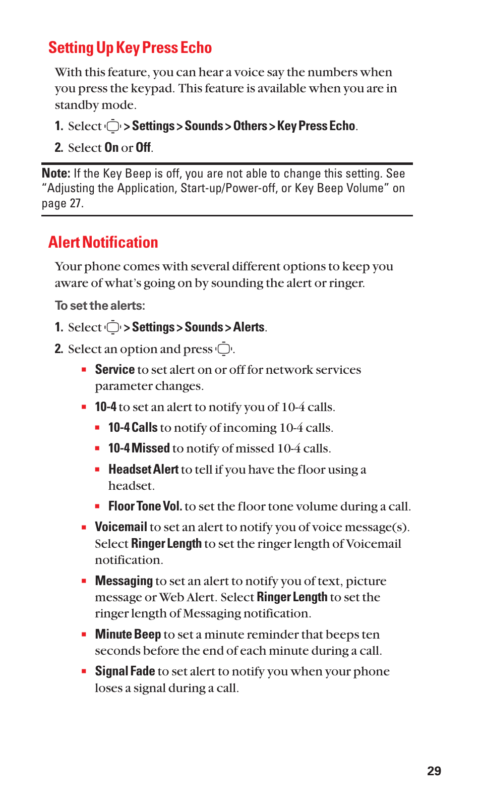 Setting up key press echo, Alert notification | Sanyo S1 User Manual | Page 37 / 131