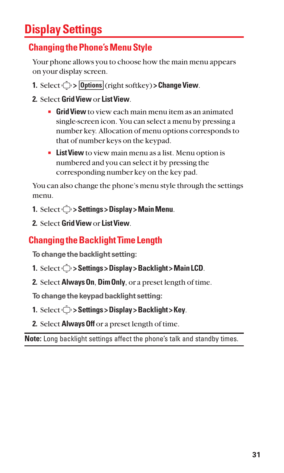 Display settings, Changing the phone’s menu style, Changing the backlight time length | Sanyo S1 User Manual | Page 39 / 131