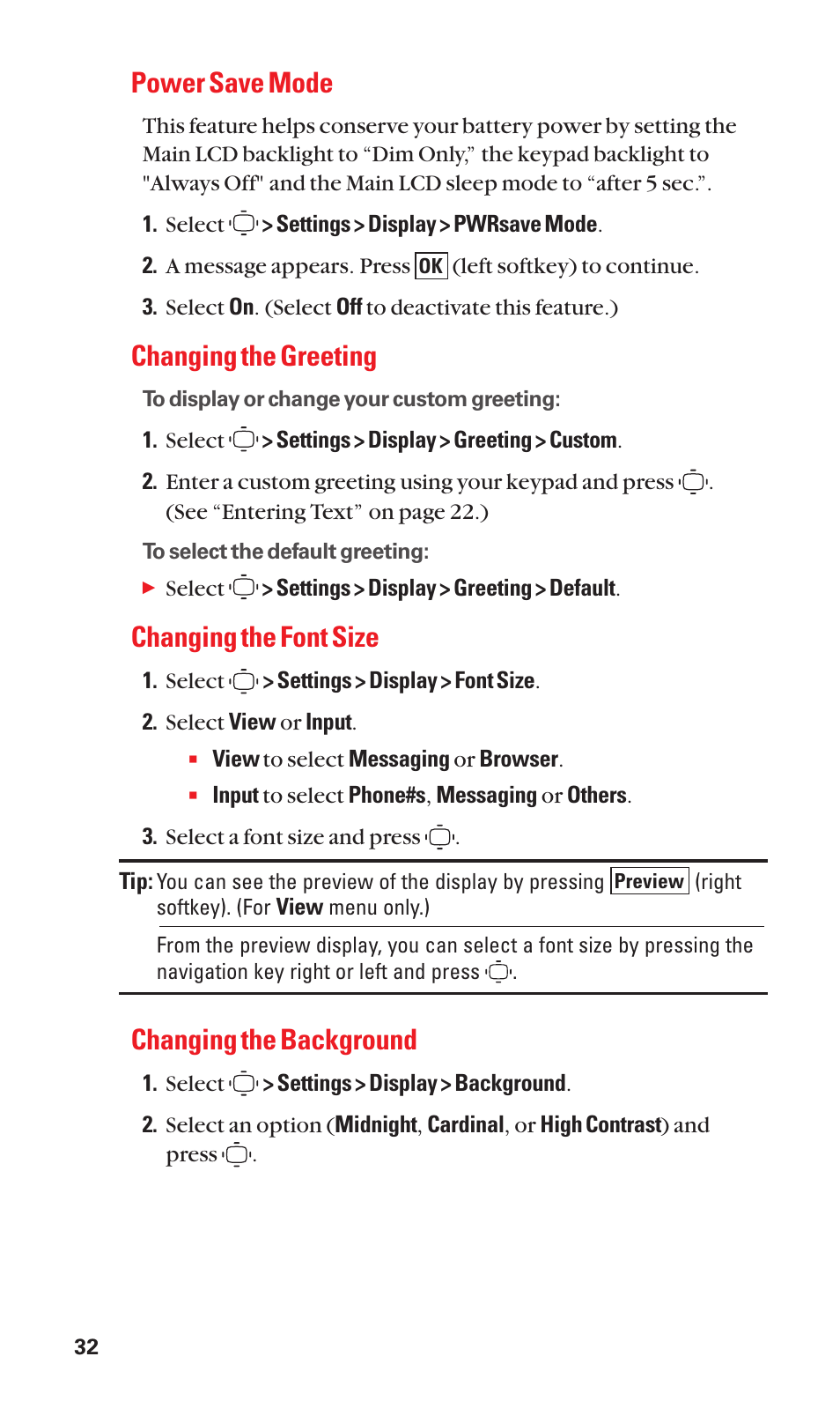 Power save mode, Changing the greeting, Changing the font size | Changing the background | Sanyo S1 User Manual | Page 40 / 131