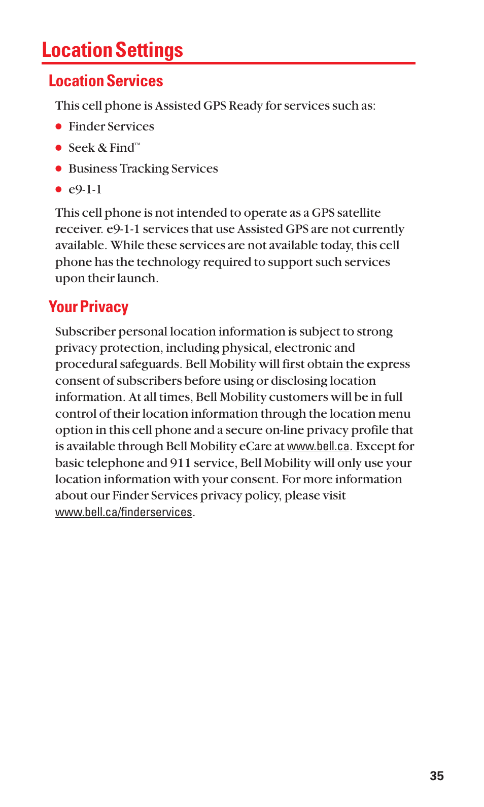 Location settings, Location services, Your privacy | Sanyo S1 User Manual | Page 43 / 131