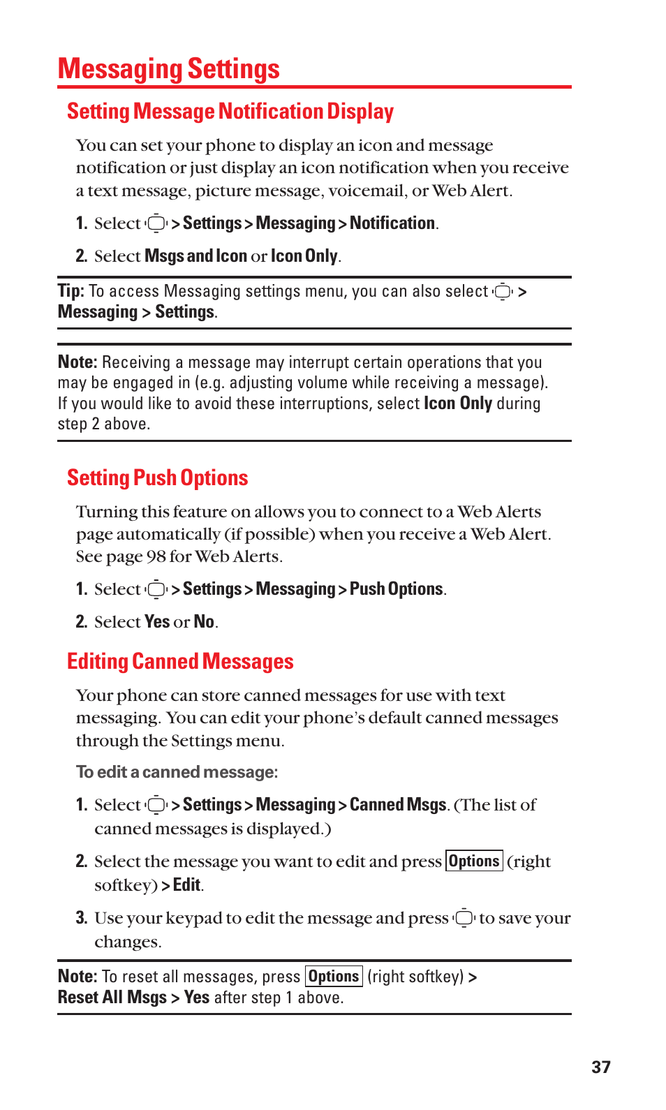 Messaging settings, Setting message notification display, Setting push options | Editing canned messages | Sanyo S1 User Manual | Page 45 / 131