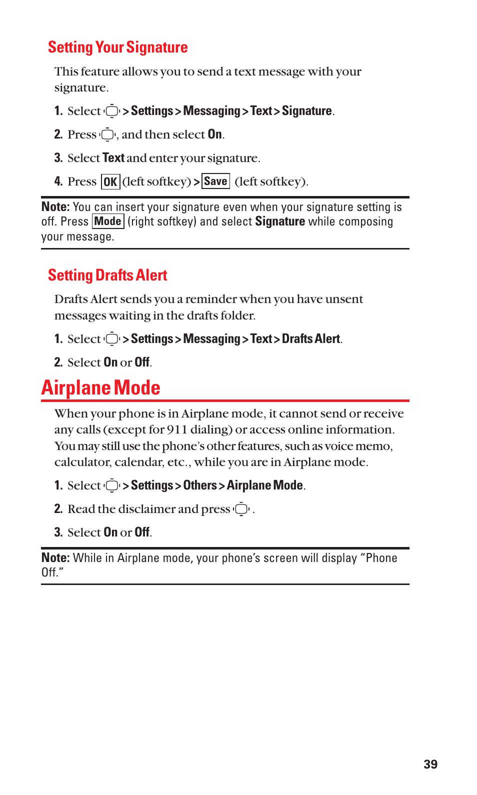 Airplane mode, Setting your signature, Setting drafts alert | Sanyo S1 User Manual | Page 47 / 131