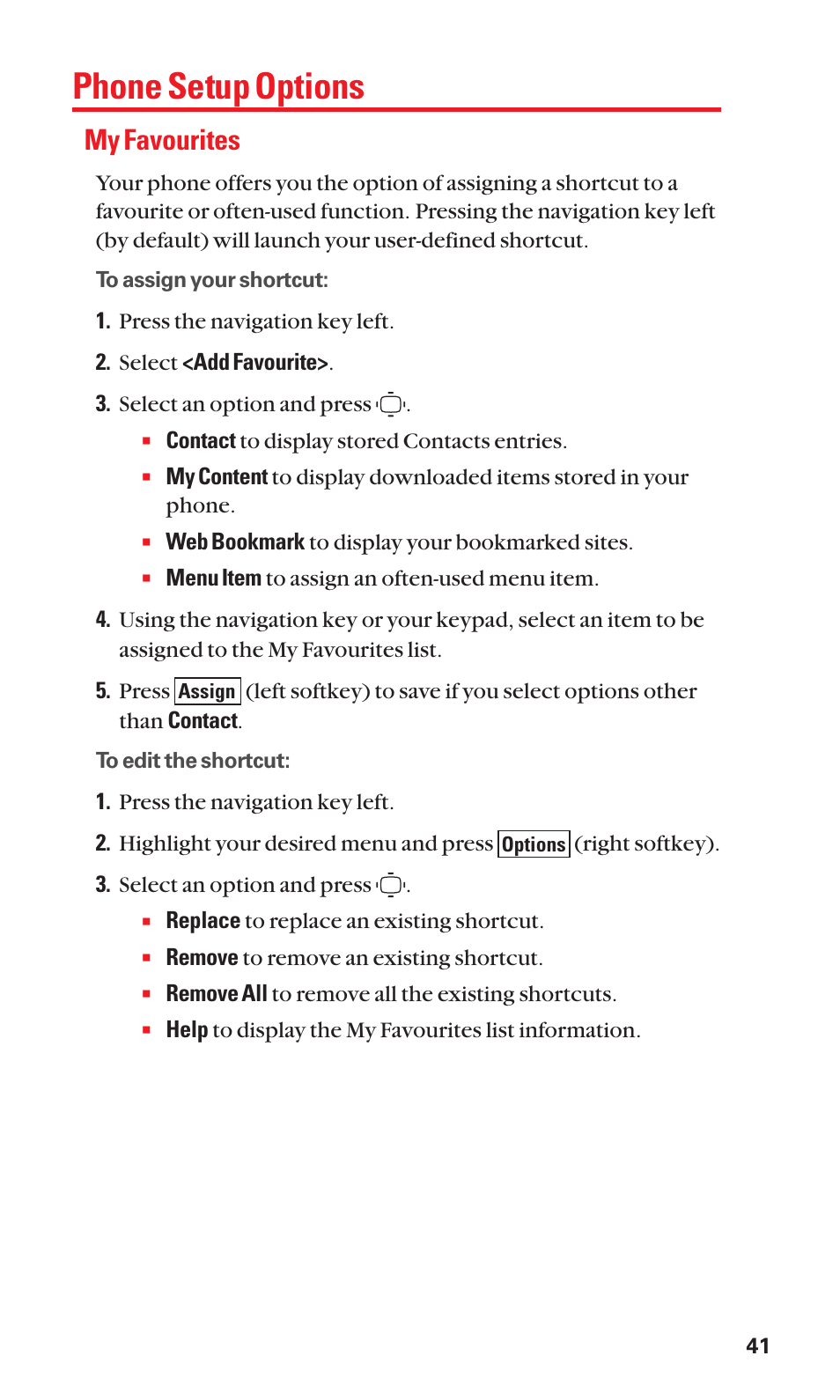 Phone setup options, My favourites | Sanyo S1 User Manual | Page 49 / 131