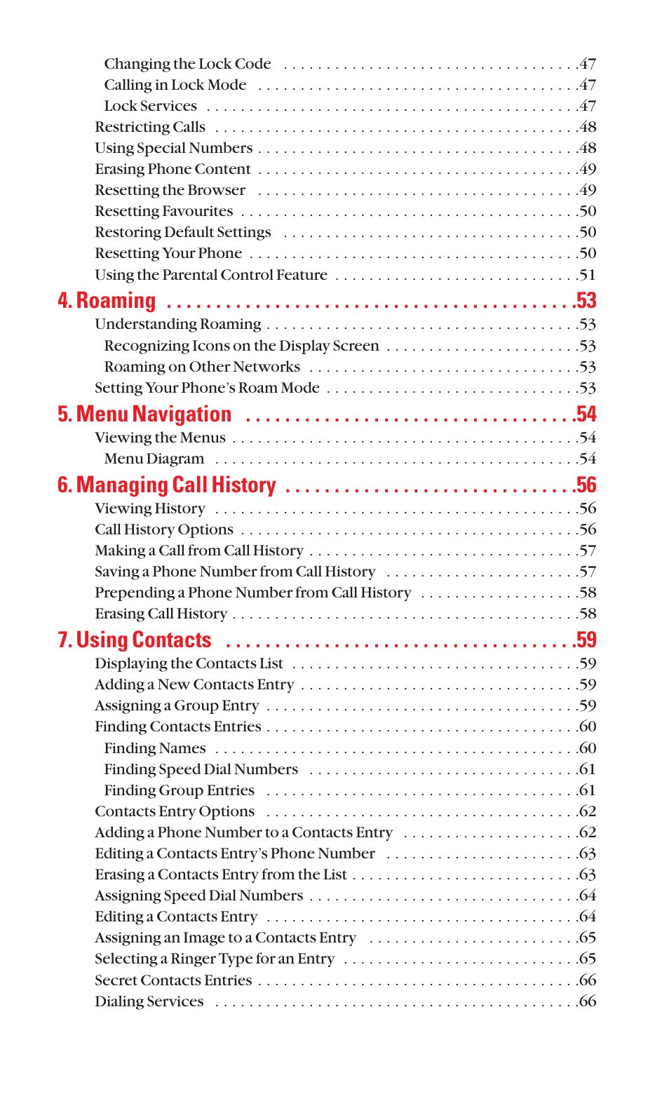 Roaming, Menu navigation, Managing call history | Using contacts | Sanyo S1 User Manual | Page 5 / 131