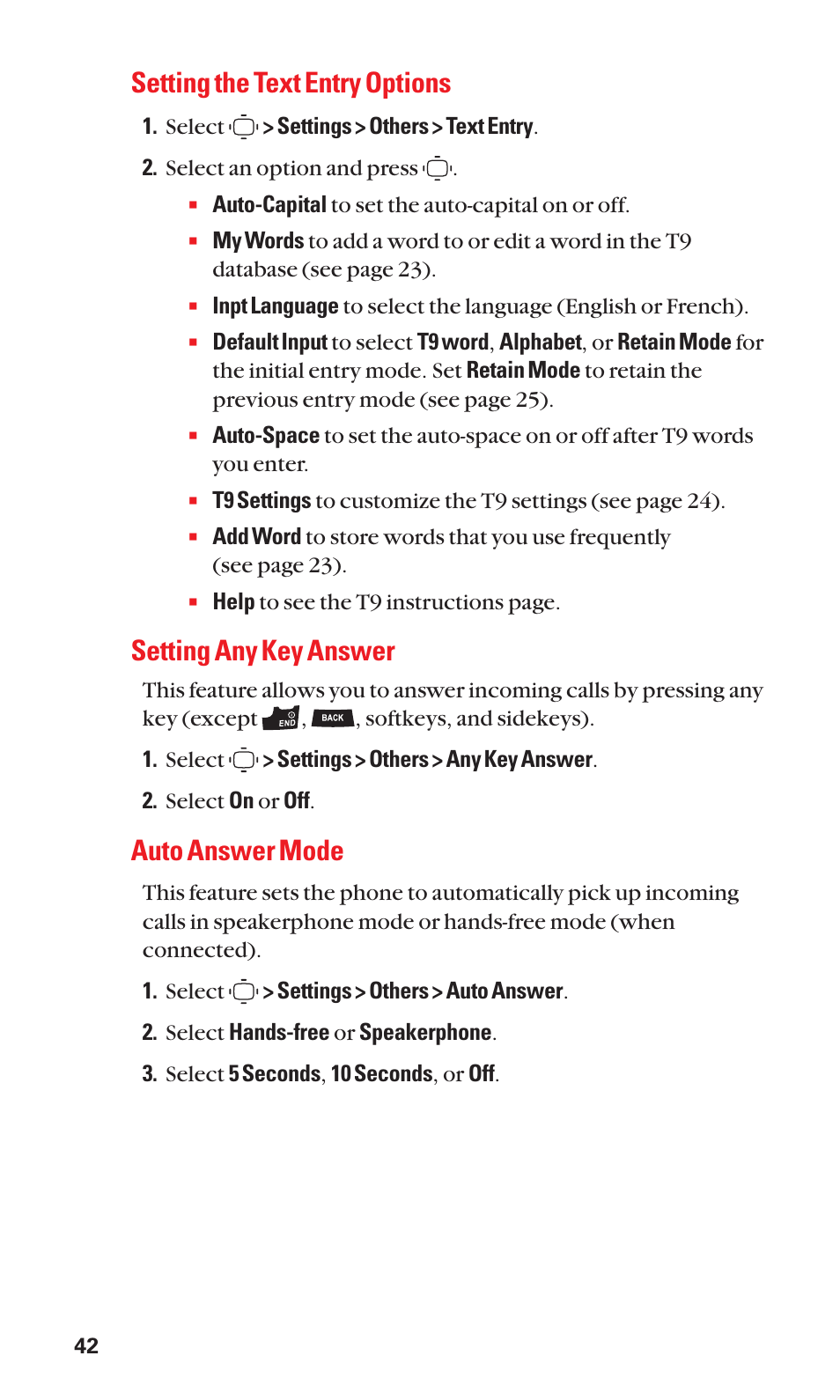 Setting the text entry options, Setting any key answer, Auto answer mode | Sanyo S1 User Manual | Page 50 / 131