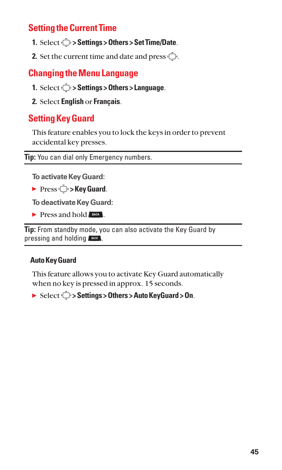Setting the current time, Changing the menu language, Setting key guard | Sanyo S1 User Manual | Page 53 / 131
