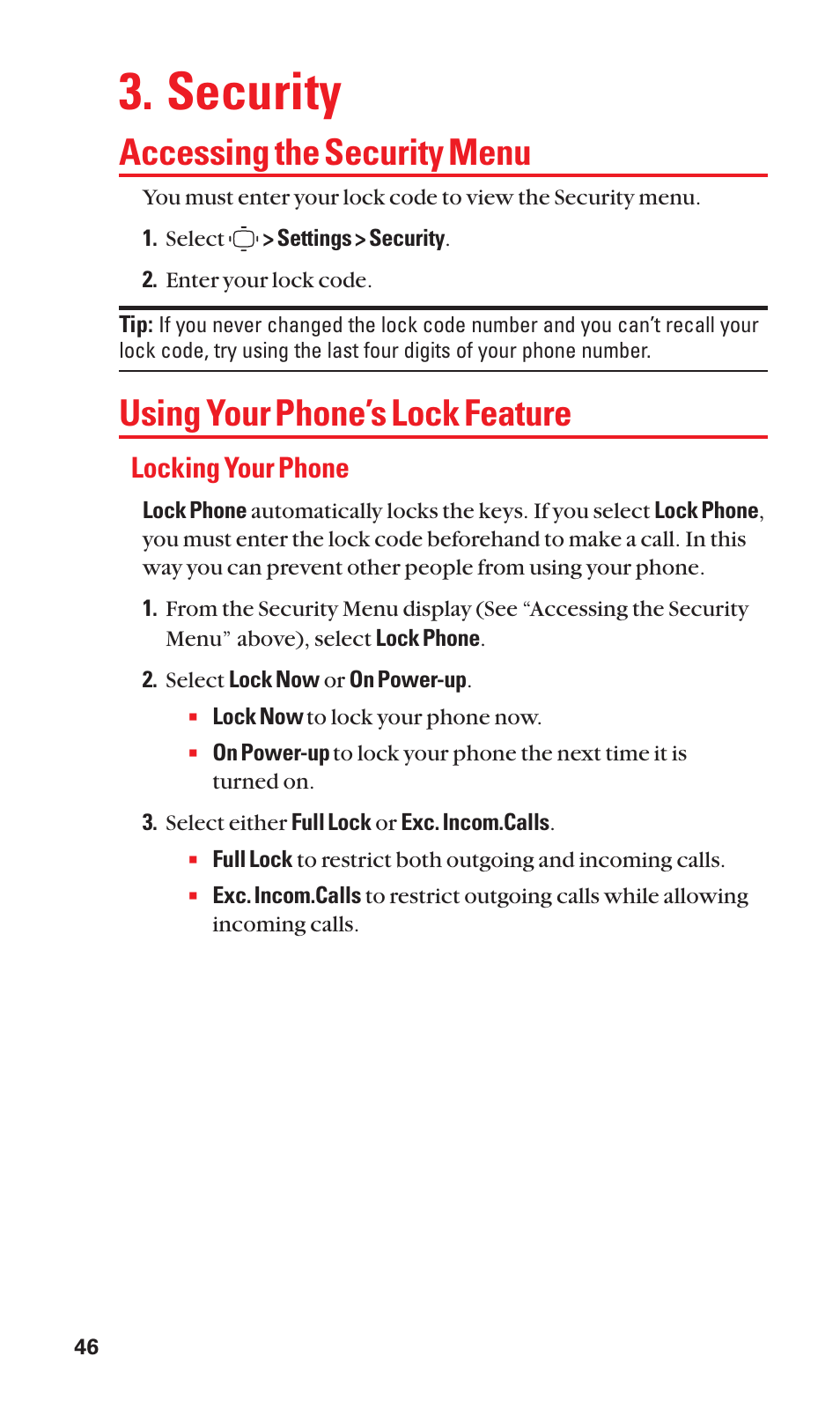 Security, Accessing the security menu, Using your phone’s lock feature | Locking your phone | Sanyo S1 User Manual | Page 54 / 131