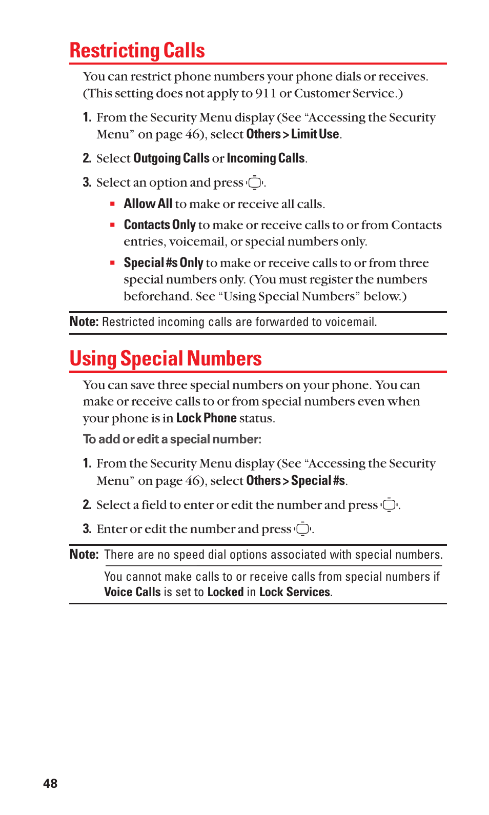 Restricting calls, Using special numbers | Sanyo S1 User Manual | Page 56 / 131