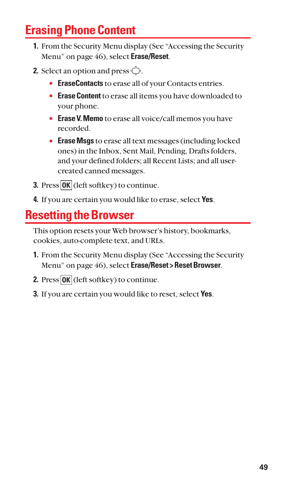 Erasing phone content, Resetting the browser | Sanyo S1 User Manual | Page 57 / 131