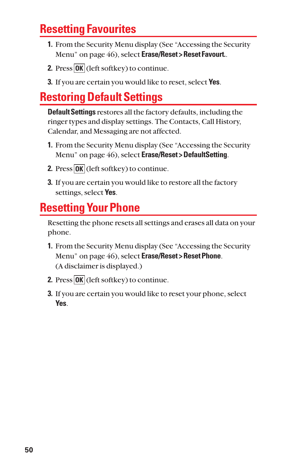 Resetting favourites, Restoring default settings, Resetting your phone | Sanyo S1 User Manual | Page 58 / 131