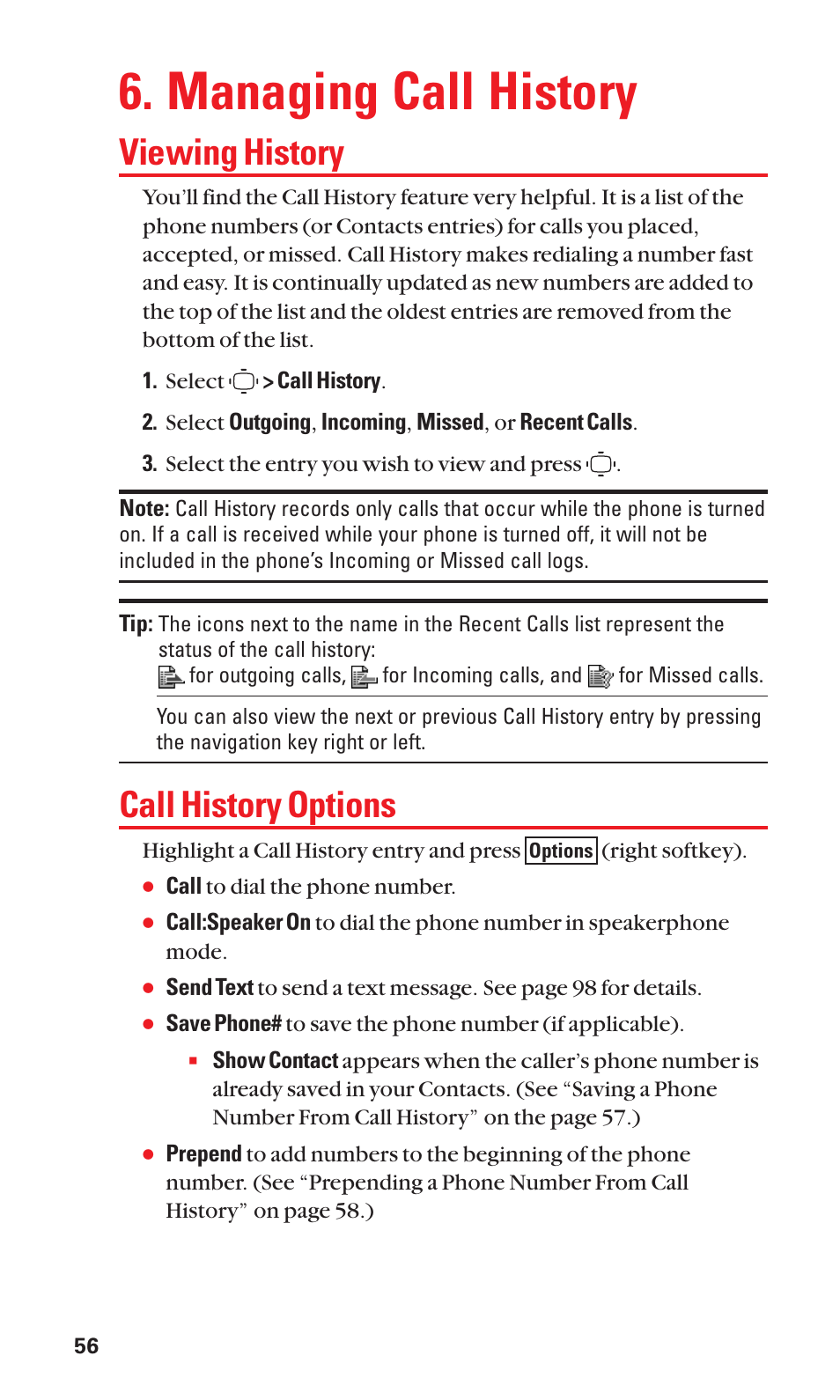 Managing call history, Viewing history, Call history options | Sanyo S1 User Manual | Page 64 / 131