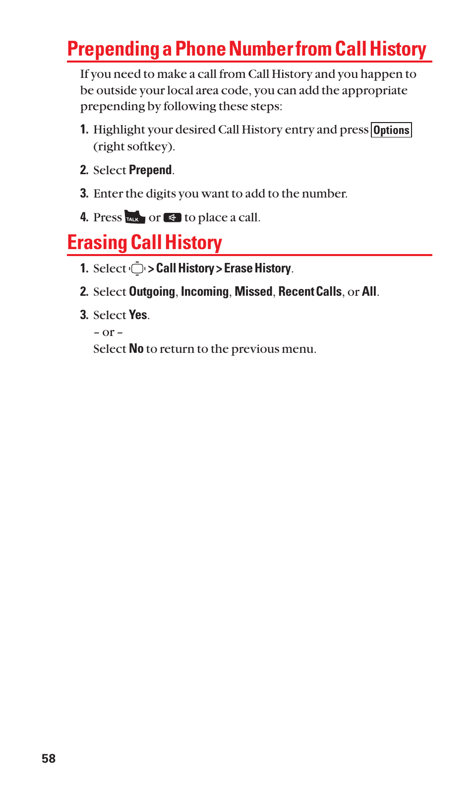 Prepending a phone number from call history, Erasing call history | Sanyo S1 User Manual | Page 66 / 131