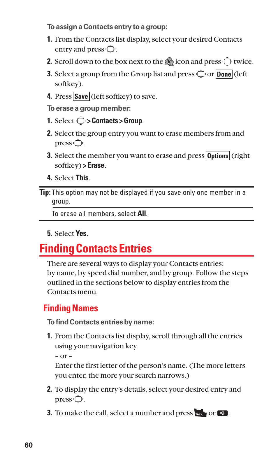 Finding contacts entries, Finding names | Sanyo S1 User Manual | Page 68 / 131