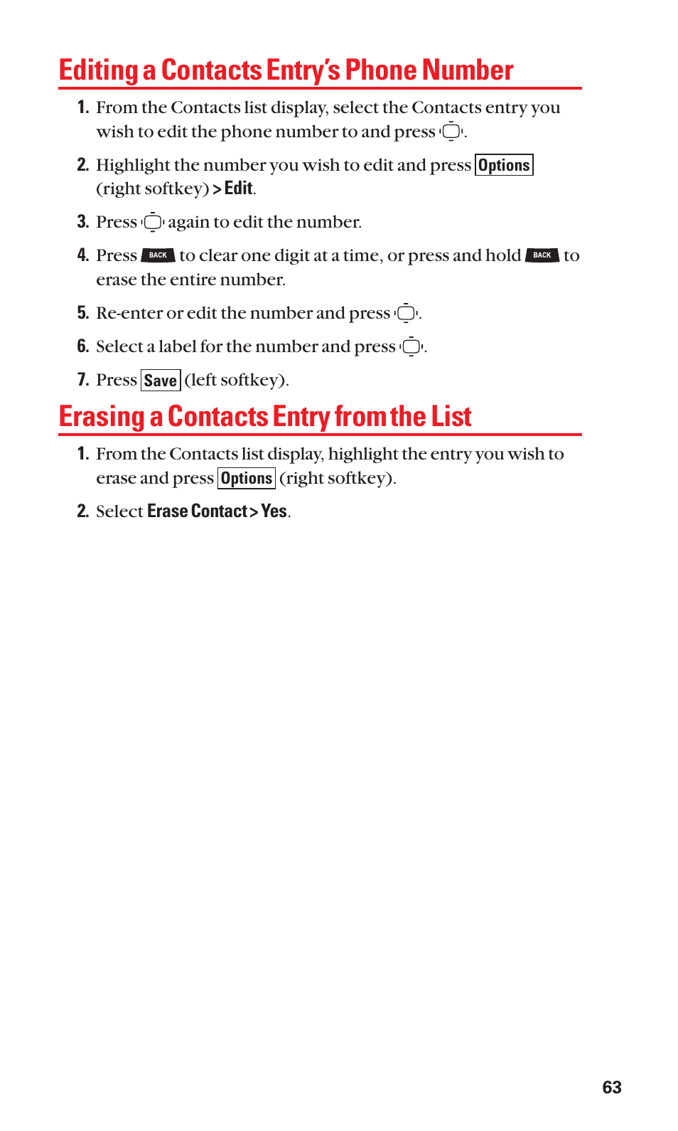 Editing a contacts entry’s phone number, Erasing a contacts entry from the list | Sanyo S1 User Manual | Page 71 / 131