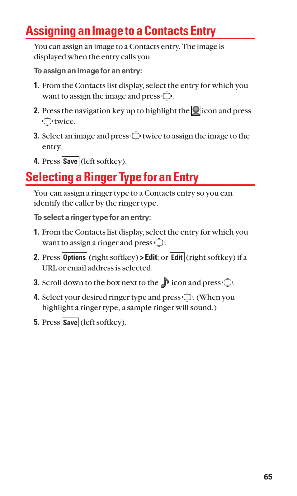 Assigning an image to a contacts entry, Selecting a ringer type for an entry | Sanyo S1 User Manual | Page 73 / 131