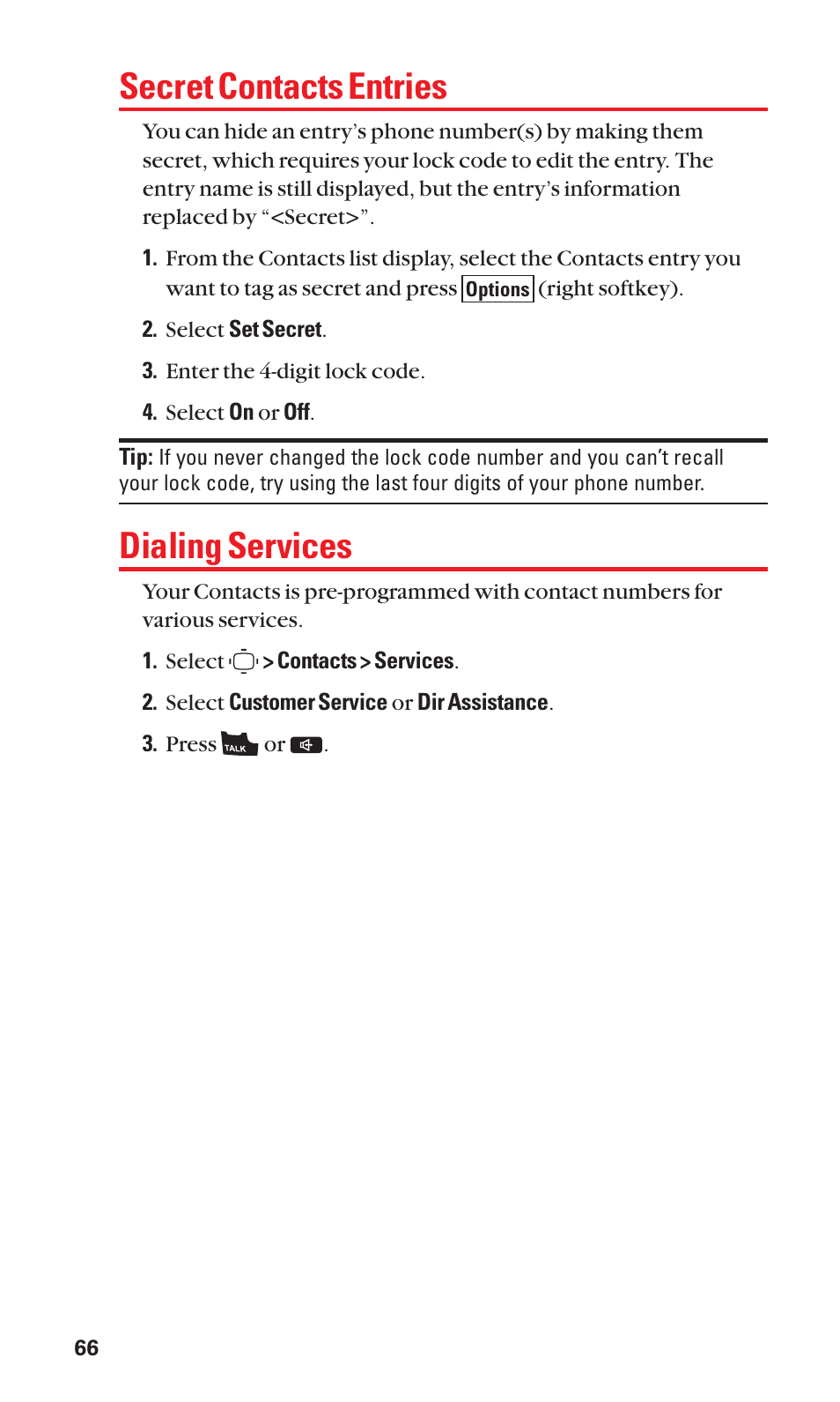 Secret contacts entries, Dialing services | Sanyo S1 User Manual | Page 74 / 131