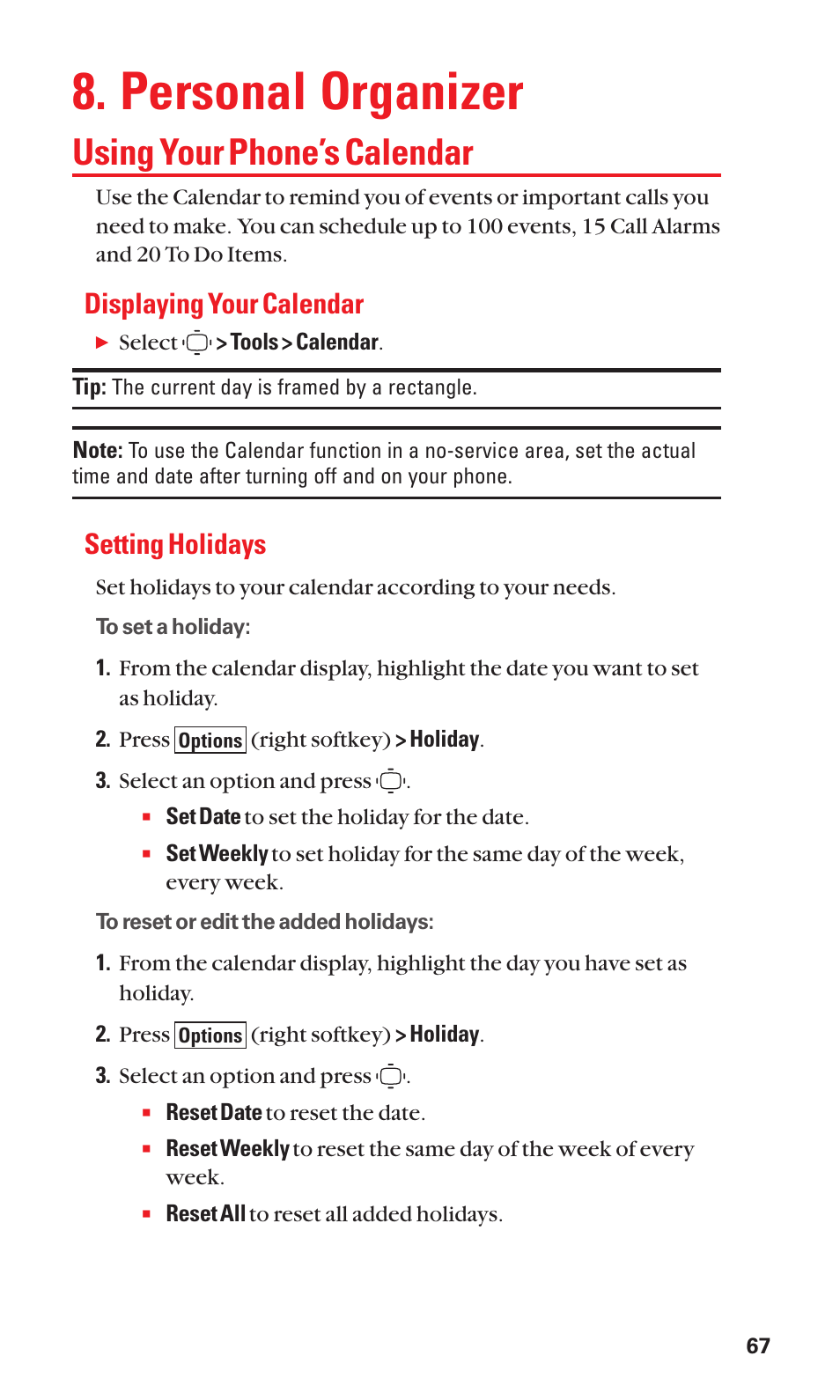 Personal organizer, Using your phone’s calendar, Displaying your calendar | Setting holidays | Sanyo S1 User Manual | Page 75 / 131