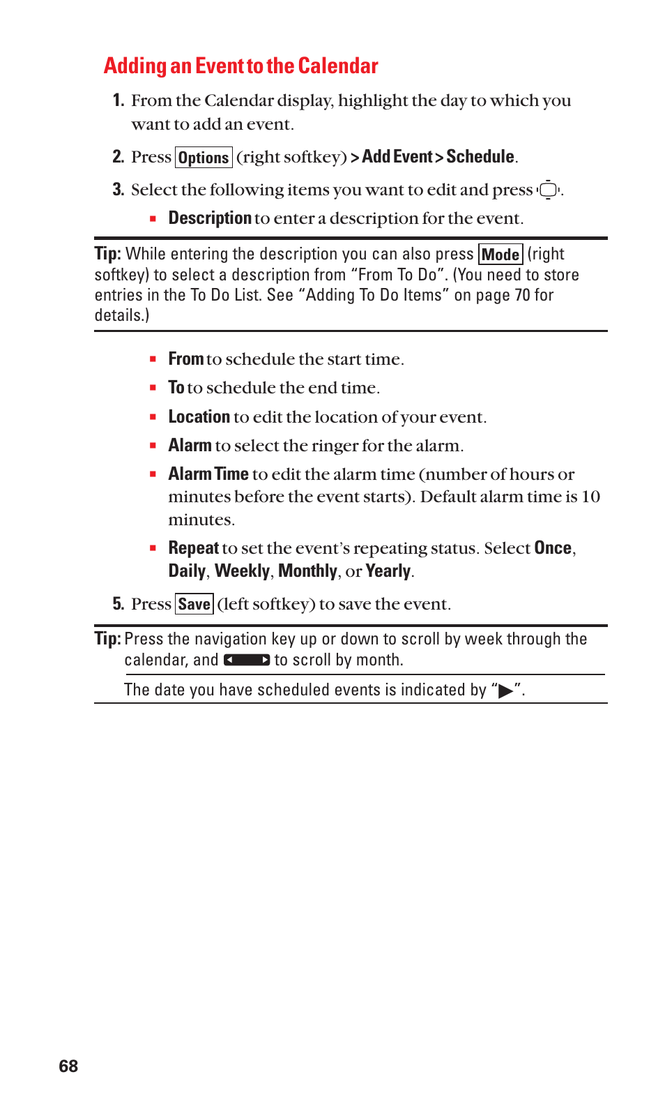 Adding an event to the calendar | Sanyo S1 User Manual | Page 76 / 131