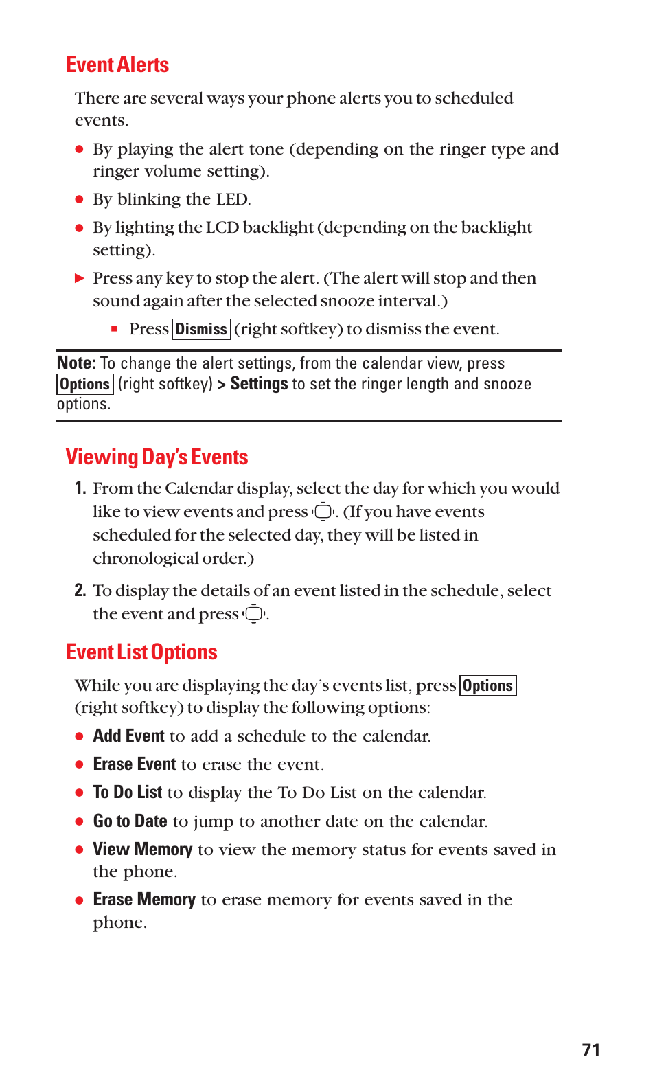 Event alerts, Viewing day’s events, Event list options | Sanyo S1 User Manual | Page 79 / 131