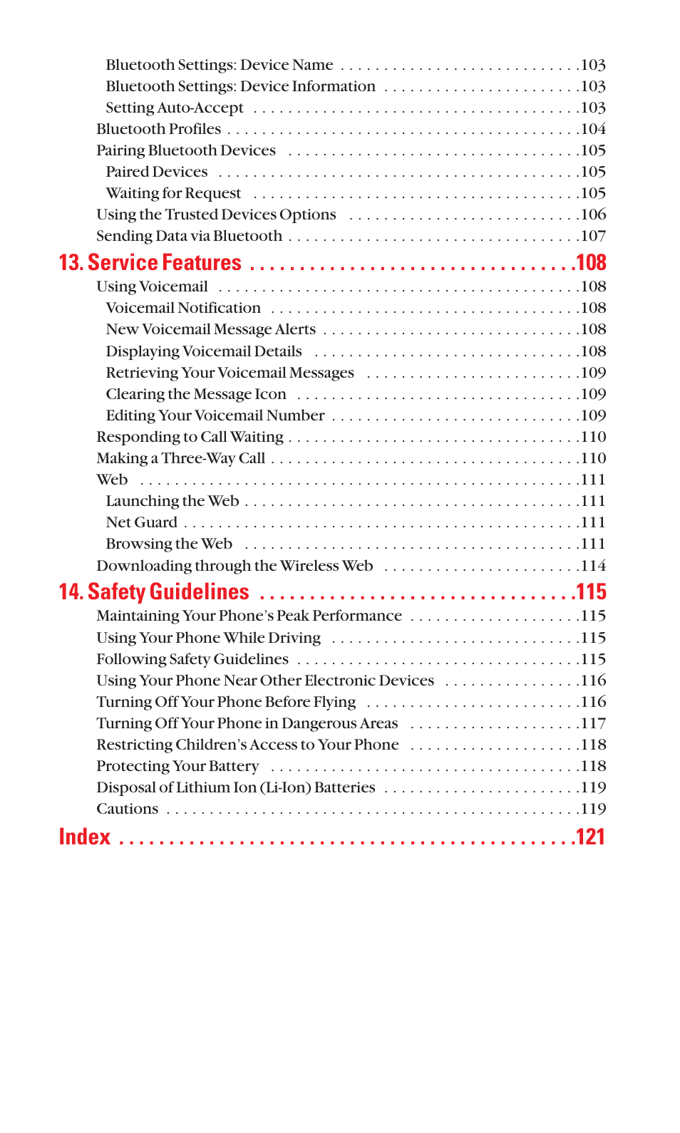 Service features, Safety guidelines, Index | Sanyo S1 User Manual | Page 8 / 131