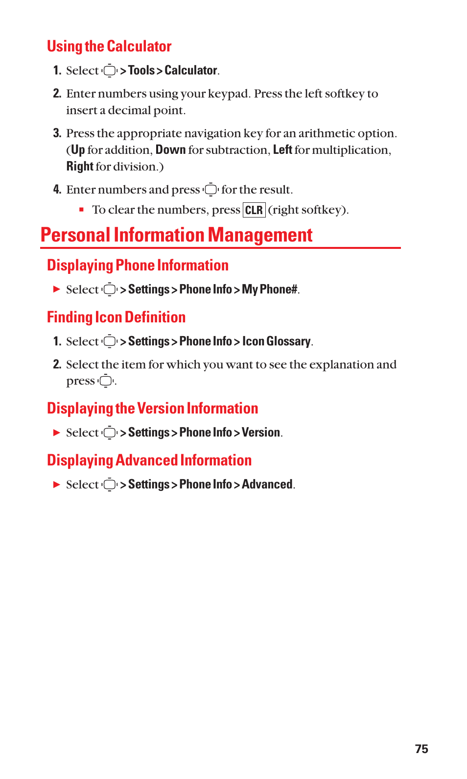 Personal information management, Using the calculator, Displaying phone information | Finding icon definition, Displaying the version information, Displaying advanced information | Sanyo S1 User Manual | Page 83 / 131