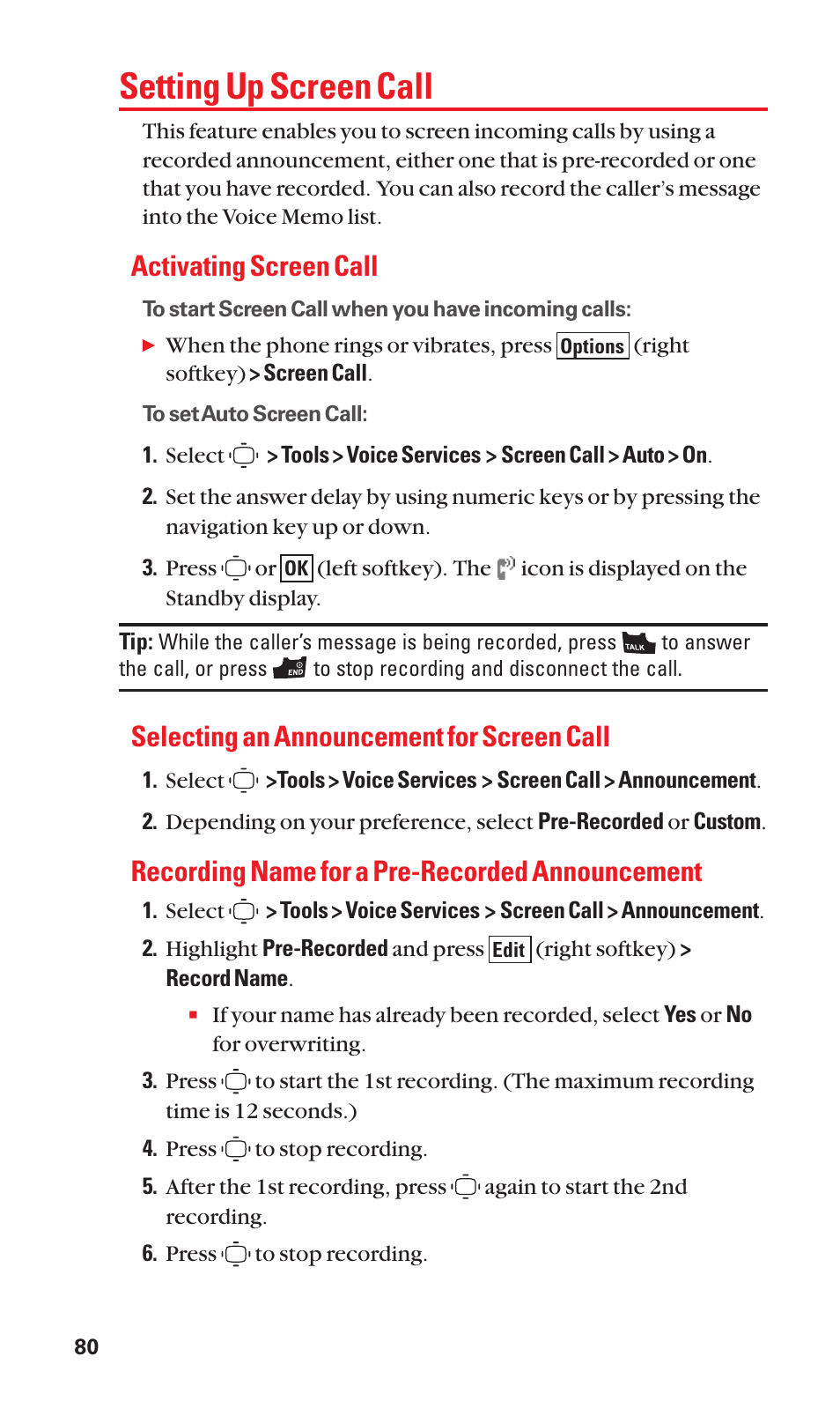 Setting up screen call, Activating screen call, Selecting an announcement for screen call | Recording name for a pre-recorded announcement | Sanyo S1 User Manual | Page 88 / 131