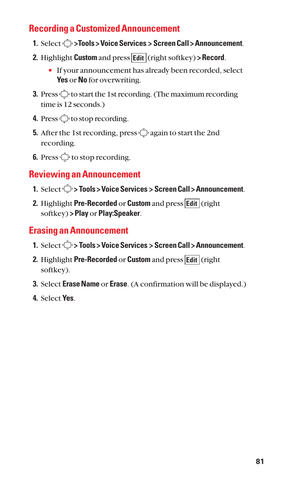 Recording a customized announcement, Reviewing an announcement, Erasing an announcement | Sanyo S1 User Manual | Page 89 / 131