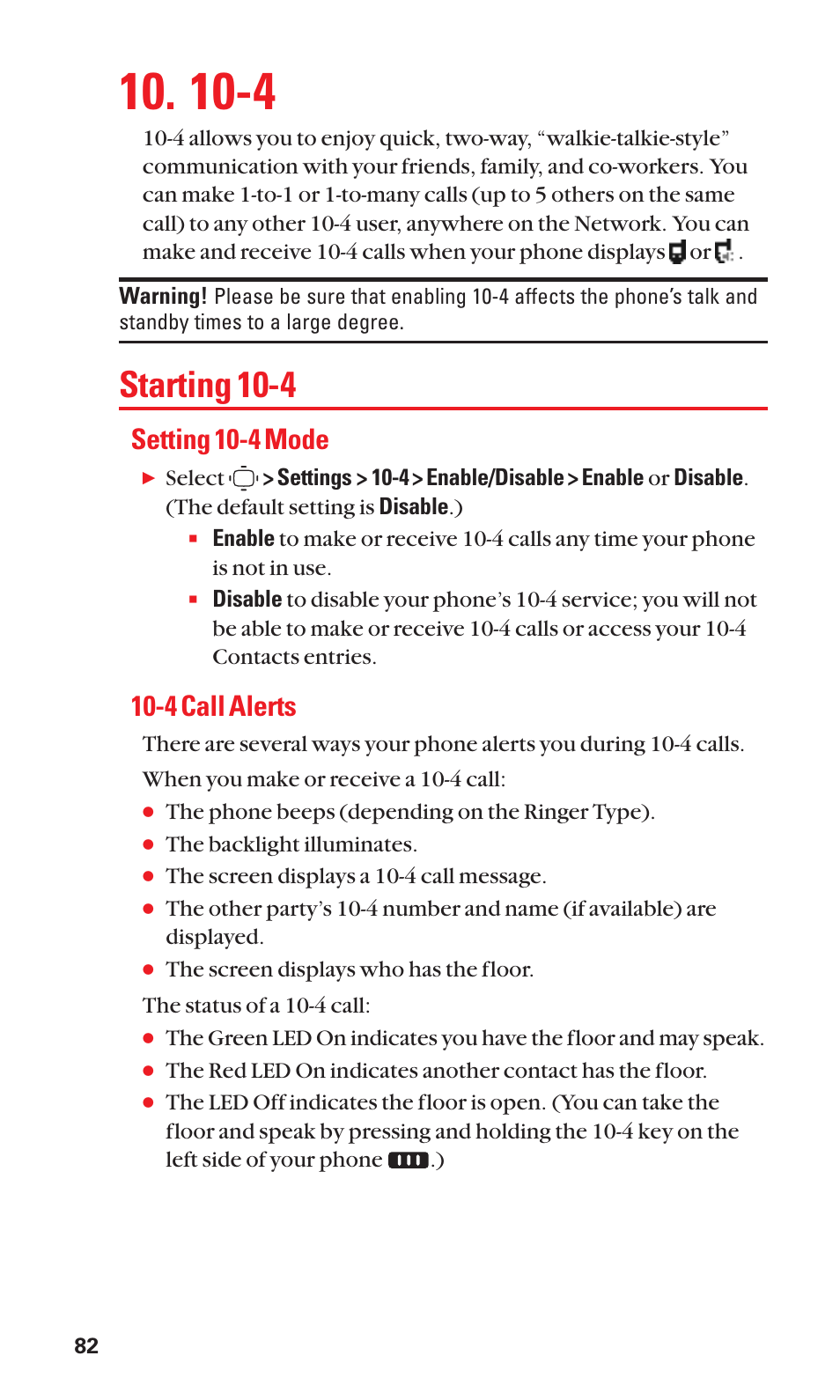 Starting 10-4, Setting 10-4 mode, 4 call alerts | Sanyo S1 User Manual | Page 90 / 131