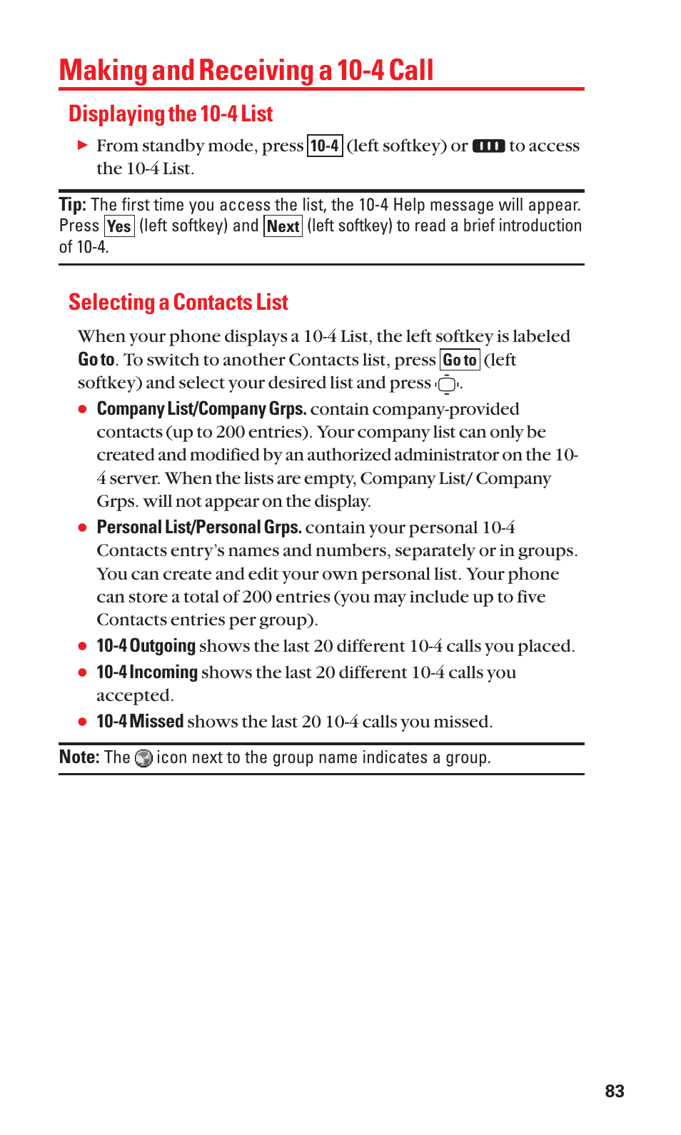 Making and receiving a 10-4 call, Displaying the 10-4 list, Selecting a contacts list | Sanyo S1 User Manual | Page 91 / 131