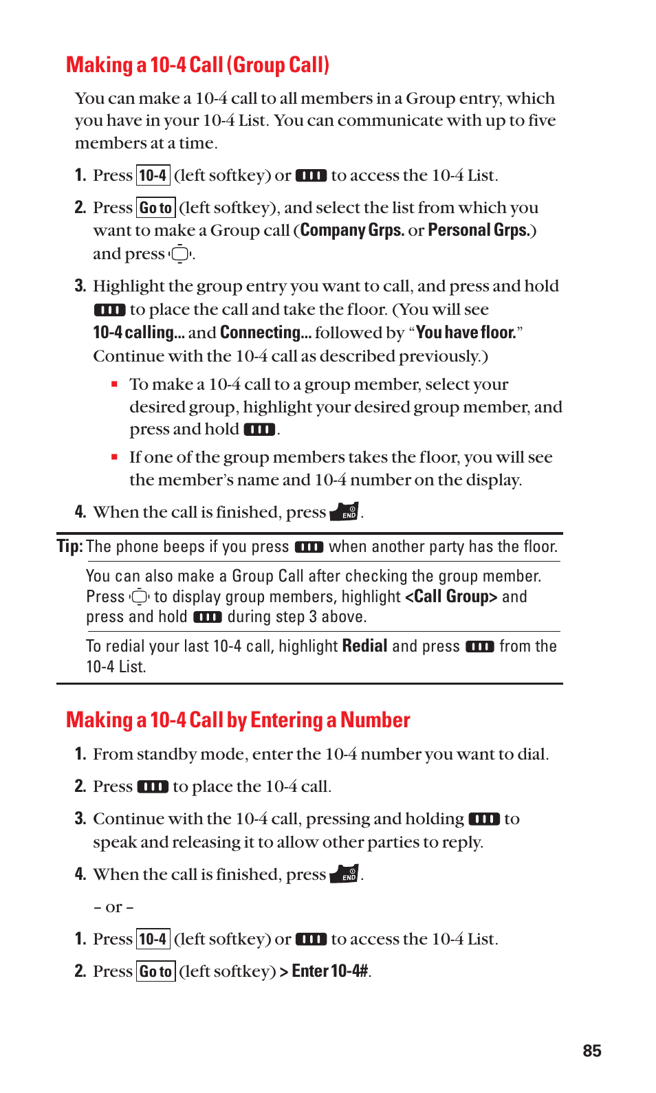 Making a 10-4 call (group call), Making a 10-4 call by entering a number | Sanyo S1 User Manual | Page 93 / 131