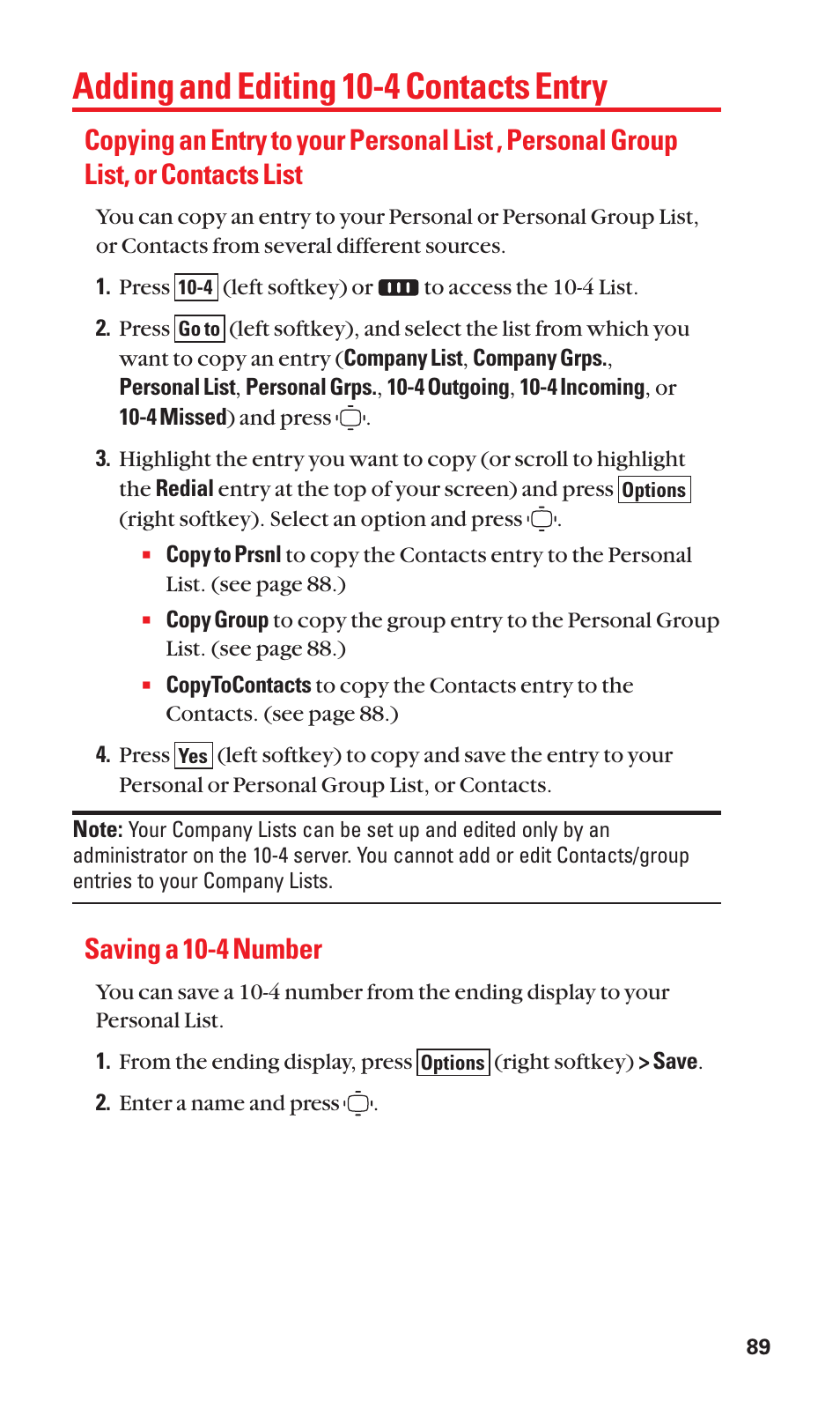 Adding and editing 10-4 contacts entry, Saving a 10-4 number | Sanyo S1 User Manual | Page 97 / 131