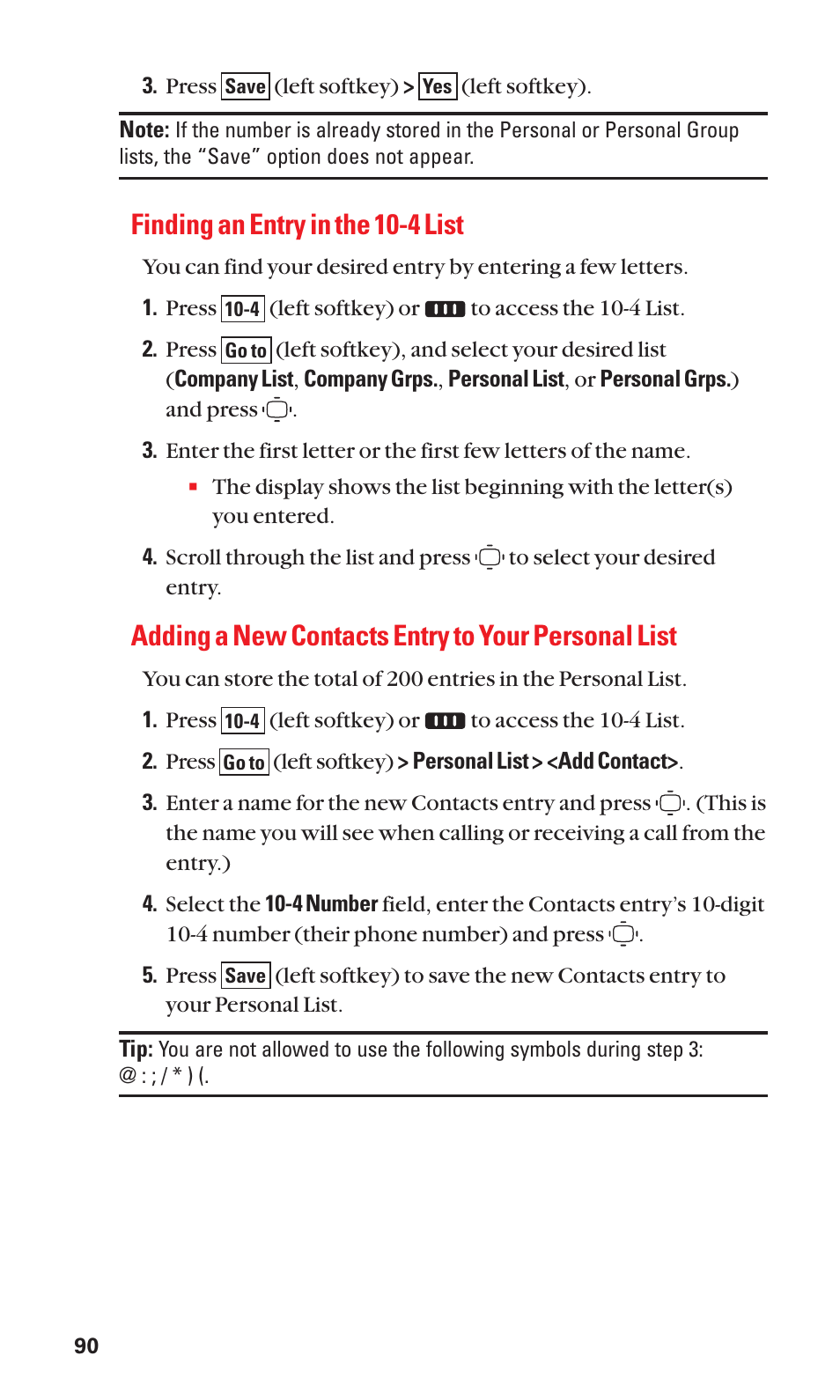 Finding an entry in the 10-4 list, Adding a new contacts entry to your personal list | Sanyo S1 User Manual | Page 98 / 131
