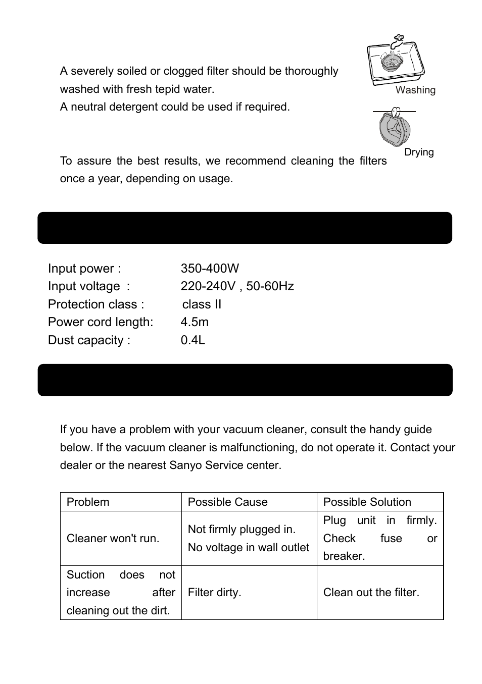 Technical specification, Trouble shooting | Sanyo SC-X1801R User Manual | Page 12 / 13