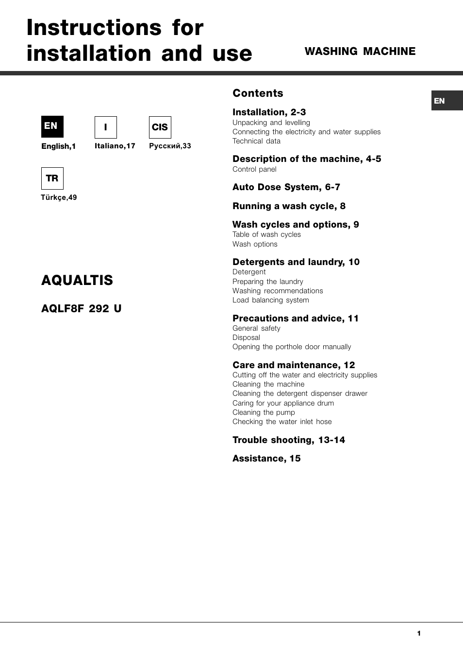 Hotpoint Ariston AQLF8F 292 U User Manual | 64 pages