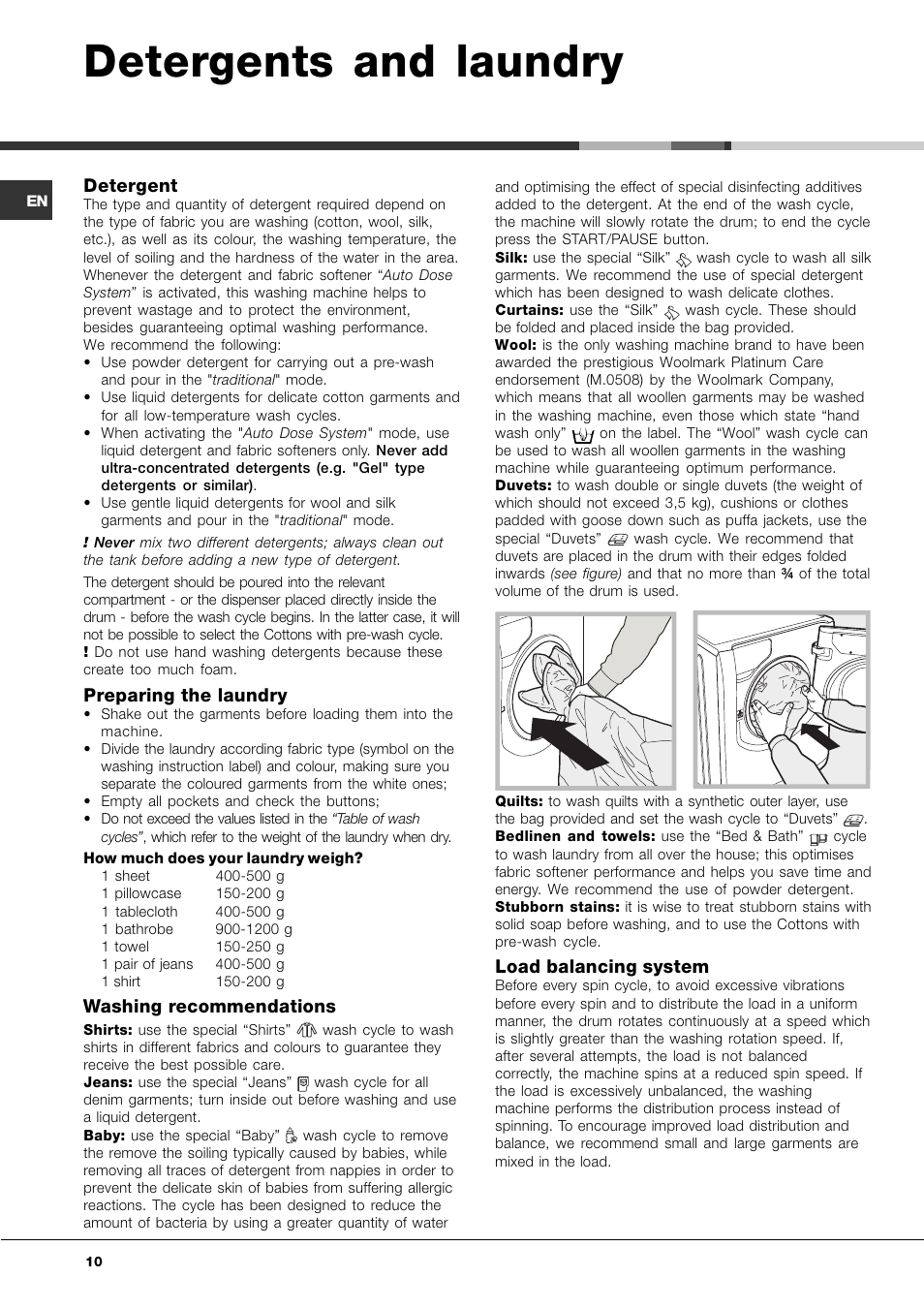 Detergents and laundry, Detergent, Preparing the laundry | Washing recommendations, Load balancing system | Hotpoint Ariston AQLF8F 292 U User Manual | Page 10 / 64