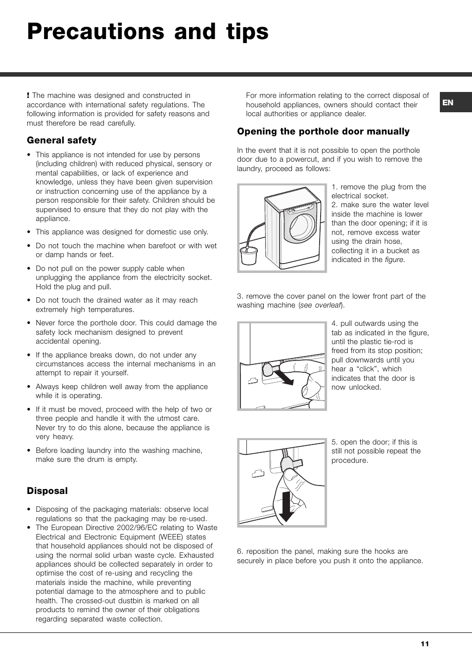 Precautions and tips, General safety, Disposal | Opening the porthole door manually | Hotpoint Ariston AQLF8F 292 U User Manual | Page 11 / 64