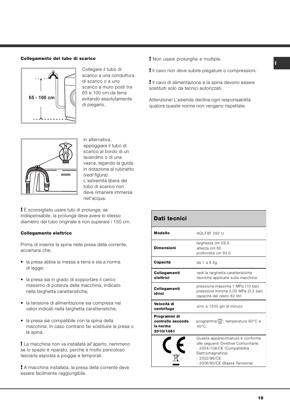 Dati tecnici | Hotpoint Ariston AQLF8F 292 U User Manual | Page 19 / 64