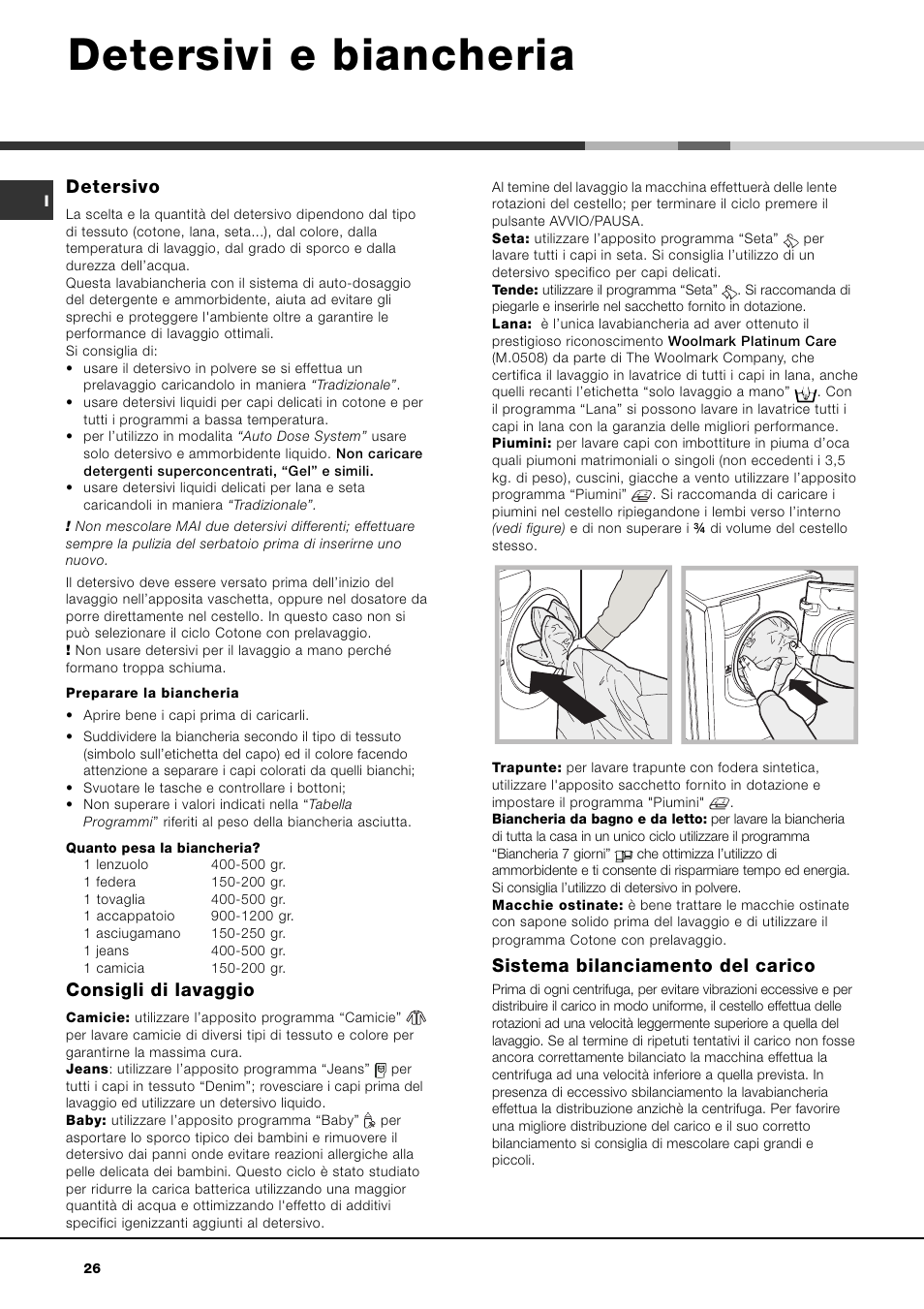 Detersivi e biancheria, Detersivo, Consigli di lavaggio | Sistema bilanciamento del carico | Hotpoint Ariston AQLF8F 292 U User Manual | Page 26 / 64