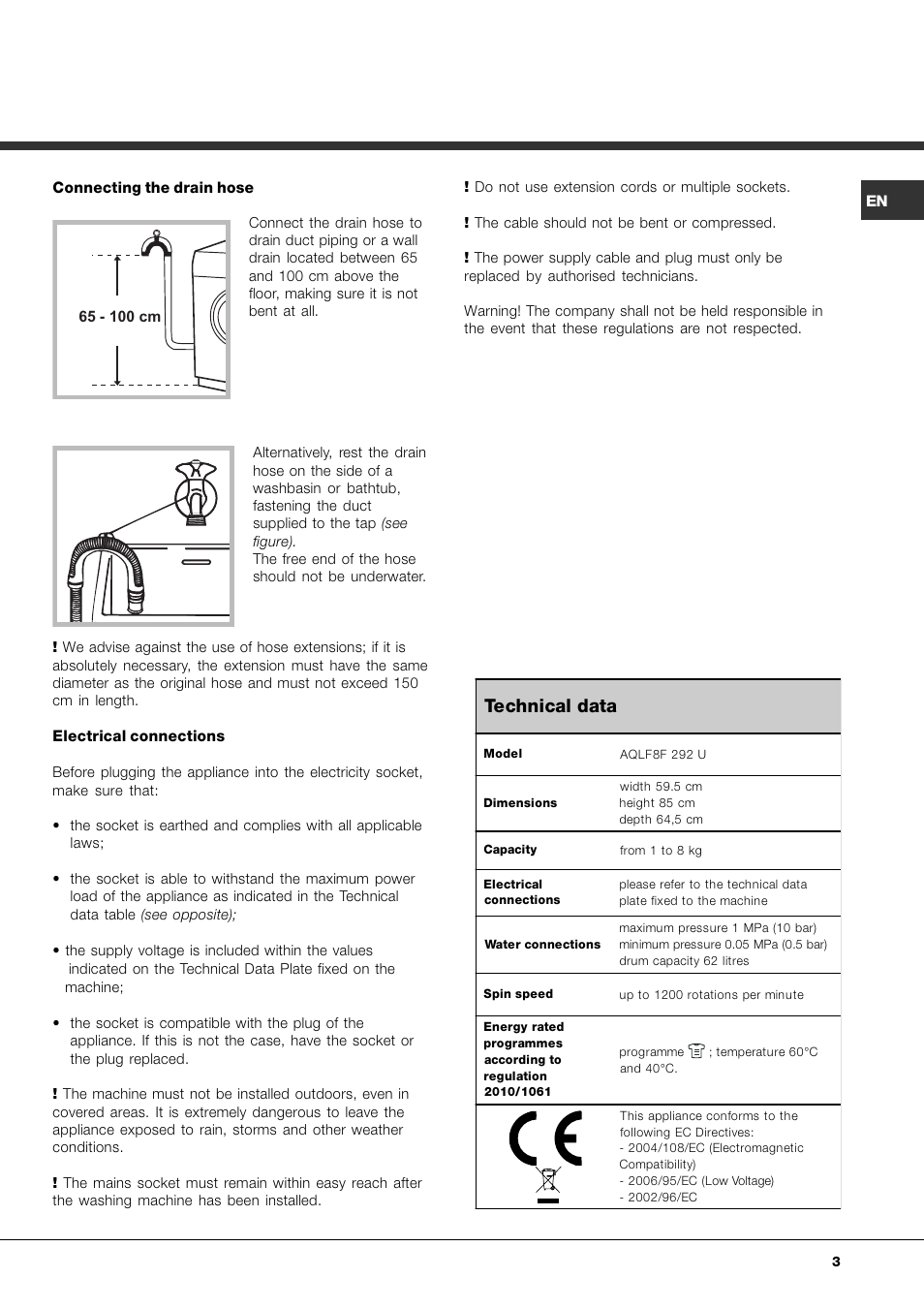 Technical data | Hotpoint Ariston AQLF8F 292 U User Manual | Page 3 / 64